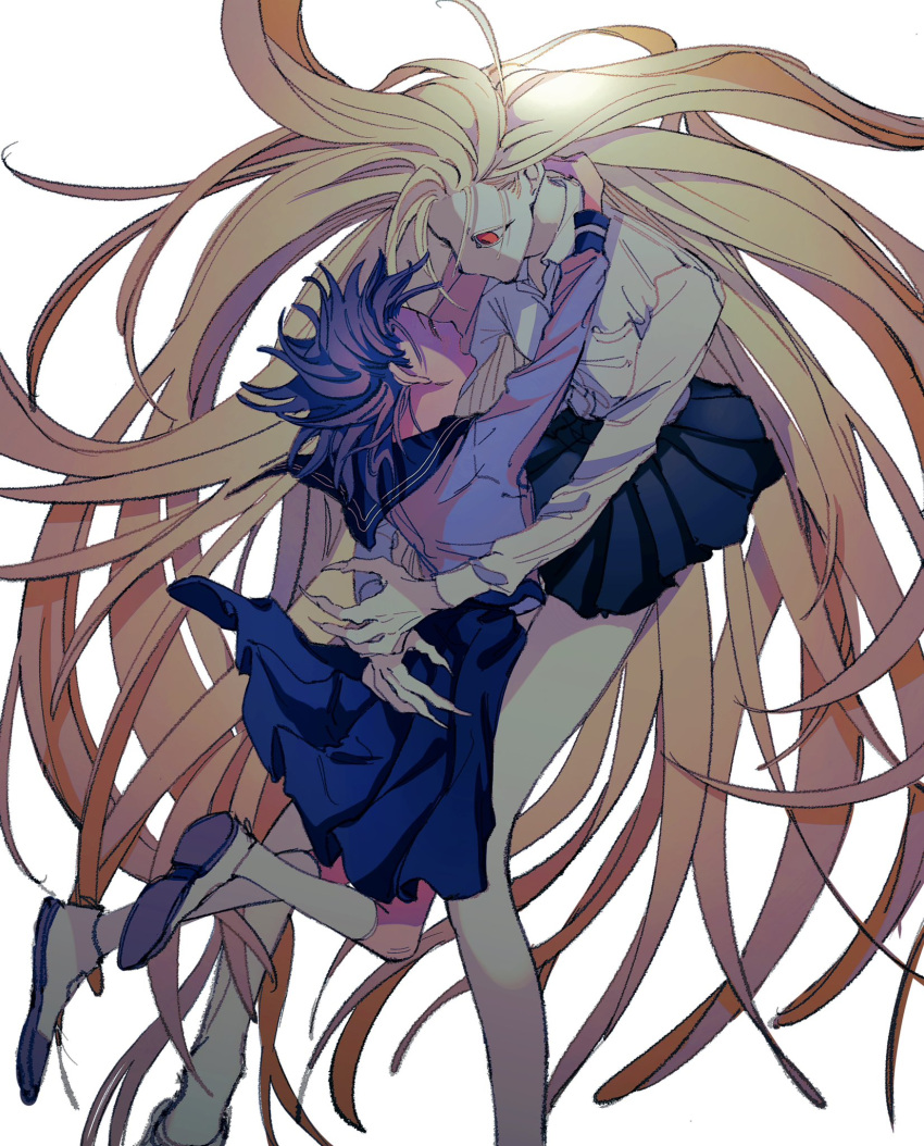 2girls absurdly_long_hair arms_around_neck bare_legs black_skirt blonde_hair blue_hair blue_sailor_collar blue_serafuku blue_shirt blue_skirt closed_eyes collared_shirt fingernails floating_hair height_difference highres kneehighs long_fingernails long_hair long_sleeves looking_at_another medium_hair midair multiple_girls naotin3333 open_mouth original pleated_skirt red_eyes sailor_collar school_uniform serafuku sharp_fingernails shirt simple_background skirt smile socks very_long_hair white_background white_shirt white_socks yuri