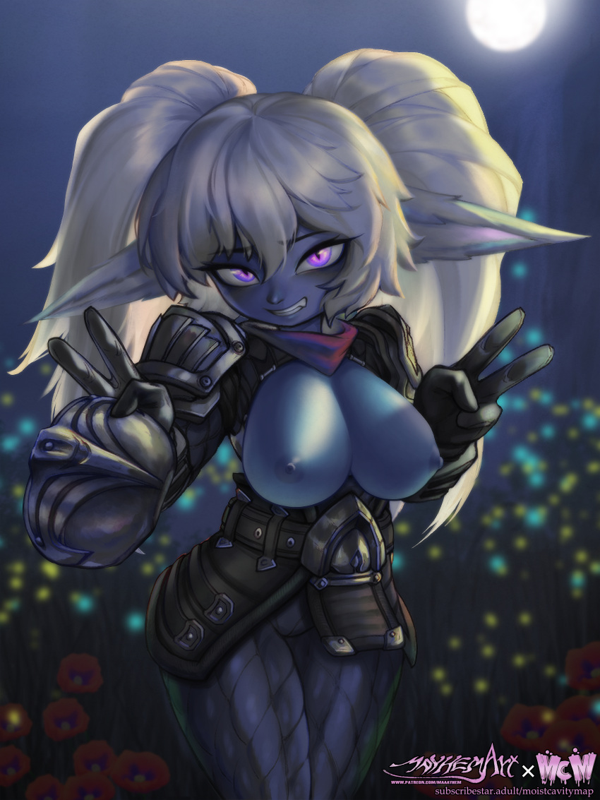 absurd_res areola armor big_breasts breasts cute_fangs exposed_breasts female gesture hand_gesture hi_res humanoid humanoid_pointy_ears league_of_legends mayhem_(artist) nipples pink_eyes poppy_(lol) riot_games short_stack smile solo thick_thighs v_sign wide_hips yordle