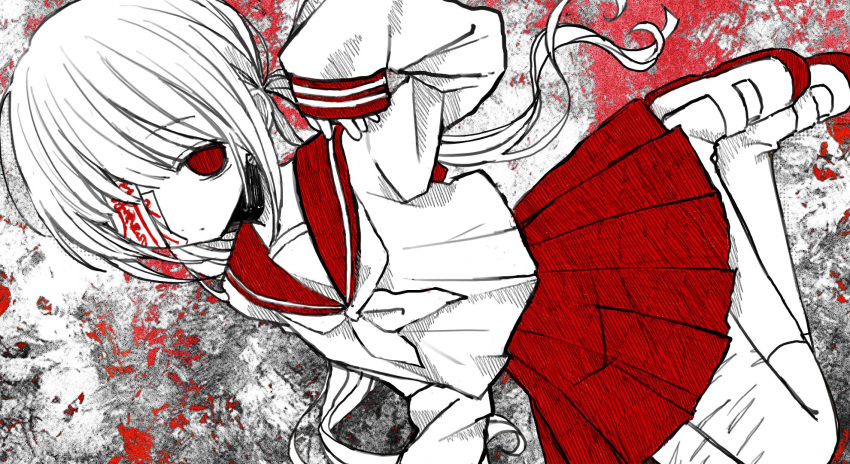 1girl bags_under_eyes closed_mouth dot_mouth dutch_angle expressionless hand_up highres knees_out_of_frame long_hair long_sleeves looking_at_viewer low_twintails miniskirt monochrome neckerchief noroi_(rnatataki) one_eye_covered original pleated_skirt red_eyes red_sailor_collar red_skirt red_theme sailor_collar school_uniform self-harm_scar serafuku shirt shoes sitting skirt sleeves_past_wrists solo twintails uwabaki very_long_hair