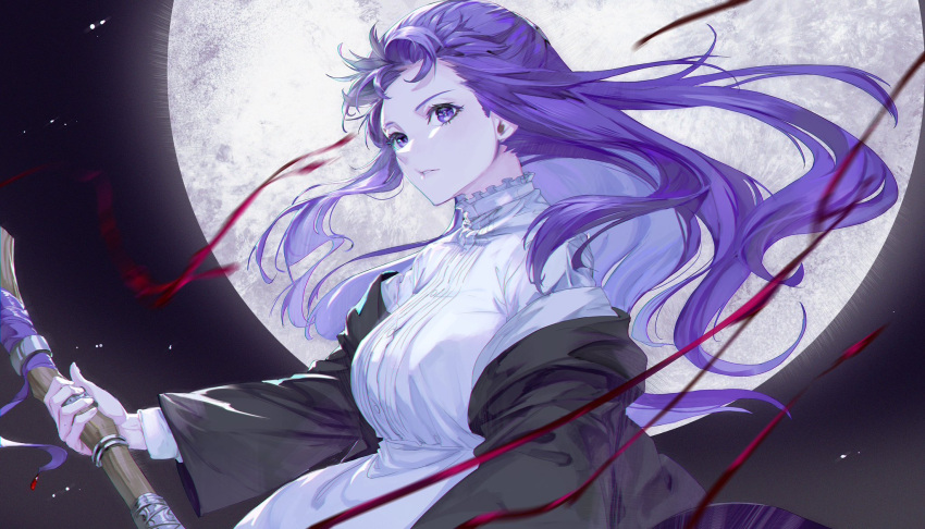 1girl black_robe dress fern_(sousou_no_frieren) floating_hair full_moon highres holding holding_staff looking_afar mage_staff mmi_ryu moon night purple_eyes purple_hair robe solo sousou_no_frieren staff upper_body white_dress