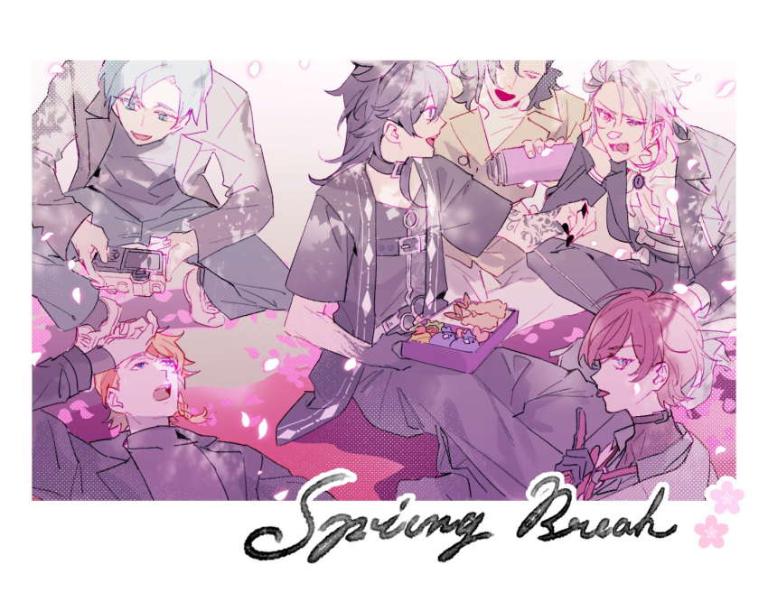 6+boys ahoge arm_tattoo axel_syrios banzoin_hakka bento black_hair blonde_hair blue_hair camera cherry_blossoms curtained_hair english_commentary falling_petals gavis_bettel gloves green_eyes grey_hair group_picture hakkito_(banzoin_hakka) holding holding_bento holding_camera holostars holostars_english holotempus josuiji_shinri looking_at_another looking_at_viewer lynnear machina_x_flayon male_focus multicolored_hair multiple_boys open_mouth petals pink_hair purple_hair red_hair regis_altare short_hair sitting tattoo tongue tongue_out virtual_youtuber