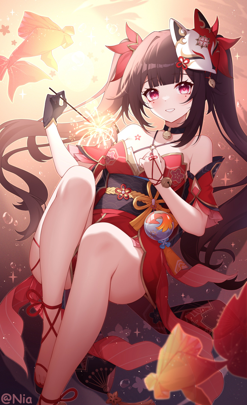 1girl absurdres bare_legs bare_shoulders bell black_choker black_gloves black_hair breasts brown_hair choker cleavage commentary criss-cross_halter detached_sleeves dress facial_mark fireworks foot_out_of_frame fox_mask gloves grin hair_ornament halterneck highres honkai:_star_rail honkai_(series) long_hair looking_at_viewer mask mask_on_head neck_bell obi pink_eyes platform_footwear poinia red_dress red_eyes sash short_dress single_glove sleeveless sleeveless_dress small_breasts smile solo spaghetti_strap sparkle_(honkai:_star_rail) sparkler thighs twintails very_long_hair x_hair_ornament