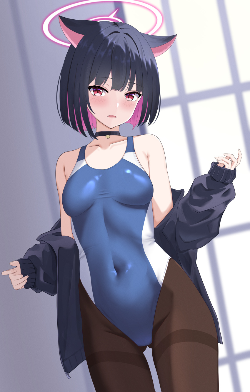 1girl absurdres animal_ears black_choker black_hair black_jacket black_pantyhose blue_archive blue_one-piece_swimsuit blush breasts cat_ears choker collarbone colored_inner_hair competition_swimsuit covered_navel cowboy_shot halo hibika highres jacket kazusa_(blue_archive) long_sleeves looking_at_viewer medium_breasts multicolored_hair one-piece_swimsuit open_clothes open_jacket open_mouth pantyhose pink_hair pink_halo red_eyes short_hair solo swimsuit