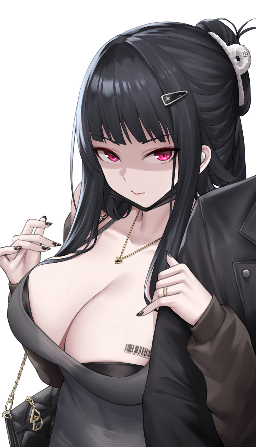1girl absurdres black_bag black_hair black_jacket black_nails breasts cleavage closed_mouth d_(nikke) fingernails goddess_of_victory:_nikke hair_ornament hairclip heart heart_necklace highres jacket jewelry kurone_rinka large_breasts long_hair looking_at_viewer nail_polish necklace red_eyes ring simple_background solo upper_body white_background