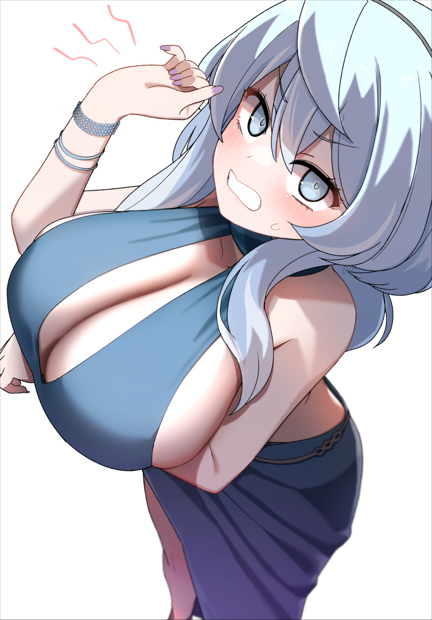 1girl akitokage ako_(blue_archive) ako_(dress)_(blue_archive) backless_dress backless_outfit bare_shoulders blue_archive blue_dress blue_eyes blue_hair blush bracelet breasts cleavage clenched_teeth dress hair_between_eyes hairband halo highres jewelry large_breasts looking_at_viewer medium_hair official_alternate_costume sideboob solo teeth