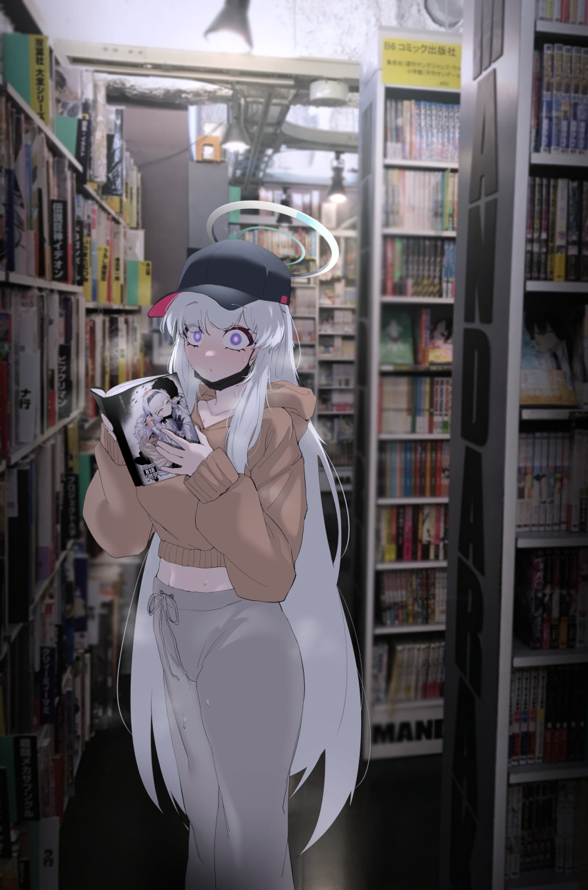 1girl absurdres black_headwear black_mask blue_archive blush book brown_hoodie closed_mouth grey_hair grey_pants halo hat highres himari_(blue_archive) holding holding_book hood hood_down hoodie long_hair long_sleeves looking_at_viewer manga_(object) mask mechanical_halo mouth_mask noa_(blue_archive) pants photo_background plentyofempty purple_eyes solo surgical_mask