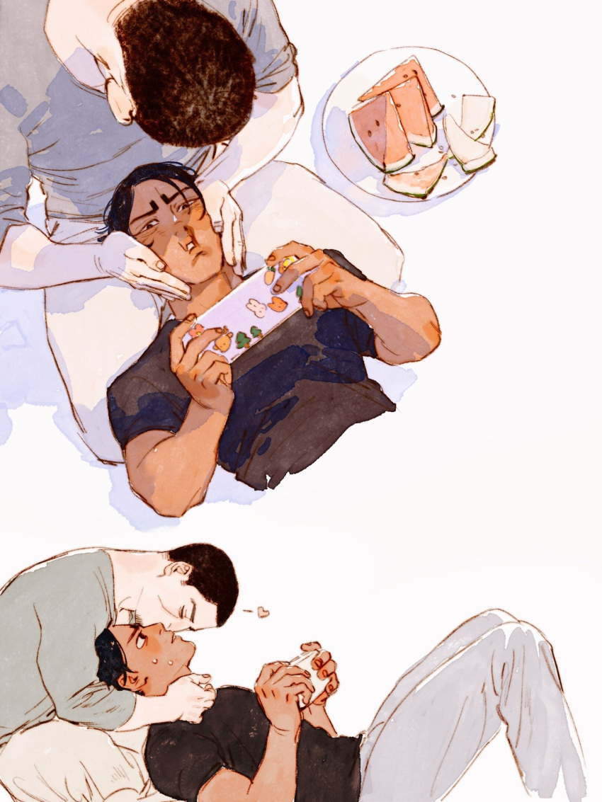 2boys black_hair brown_eyes brown_hair buzz_cut cheek_squash chengongzi123 cropped_torso dark-skinned_male dark_skin english_commentary facial_hair facing_down feet_out_of_frame food fruit goatee_stubble golden_kamuy grey_pants grey_shirt handheld_game_console hands_up heart highres holding holding_handheld_game_console indian_style kiss koito_otonoshin looking_at_another looking_at_viewer lying male_focus multiple_boys on_back pants plate shirt short_hair short_sleeves simple_background sitting stubble t-shirt tsukishima_hajime very_short_hair watermelon watermelon_slice white_background yaoi