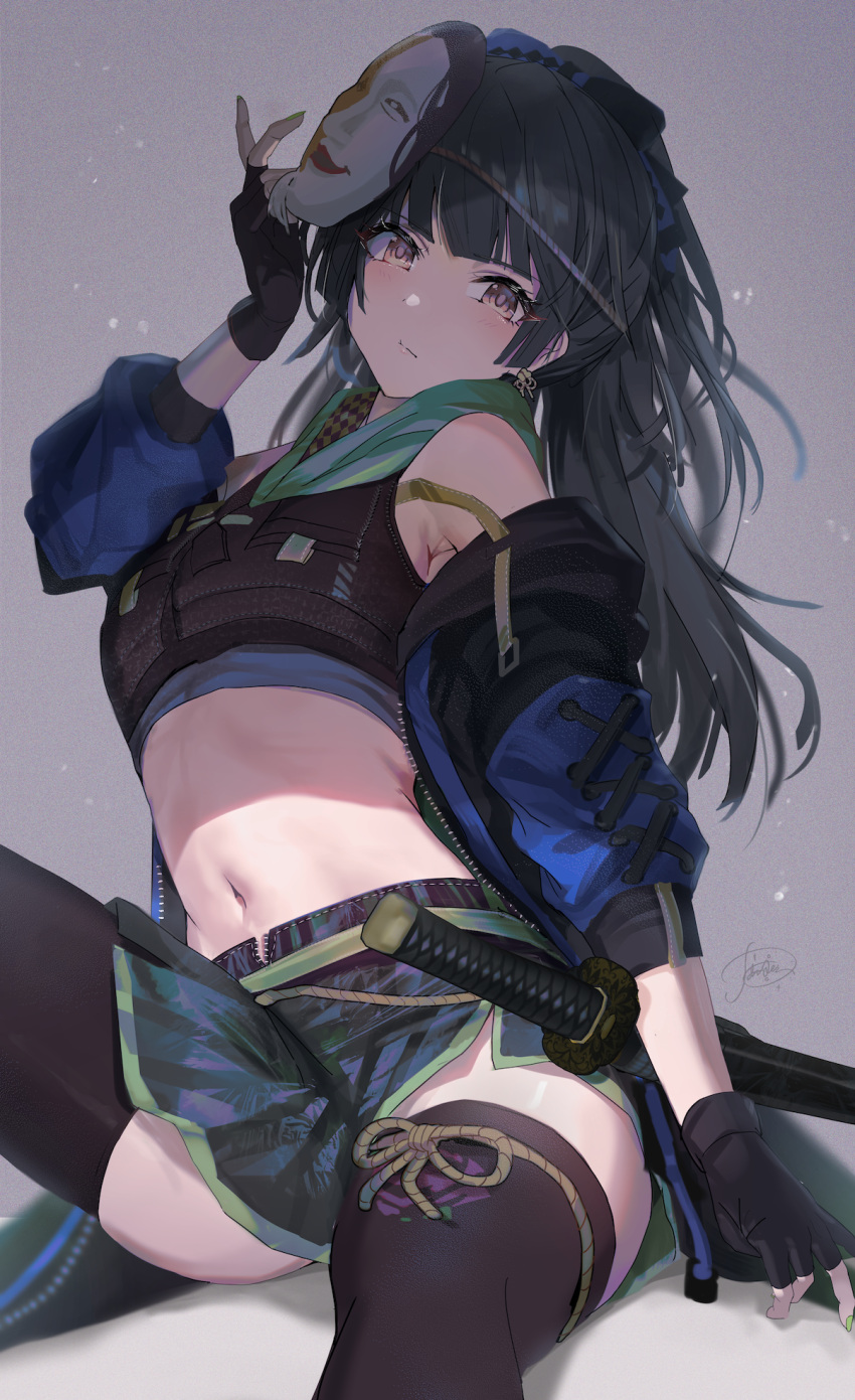 1girl armpit_crease bare_shoulders black_hair black_jacket black_thighhighs brown_eyes closed_mouth commentary_request crop_top expressionless grey_background highres idolmaster idolmaster_shiny_colors jacket katana long_hair looking_at_viewer mask mask_on_head mayuzumi_fuyuko midriff mixed-language_commentary multicolored_clothes multicolored_skirt navel off_shoulder open_clothes open_jacket powder_is_kona signature skirt solo stomach sword thighhighs weapon