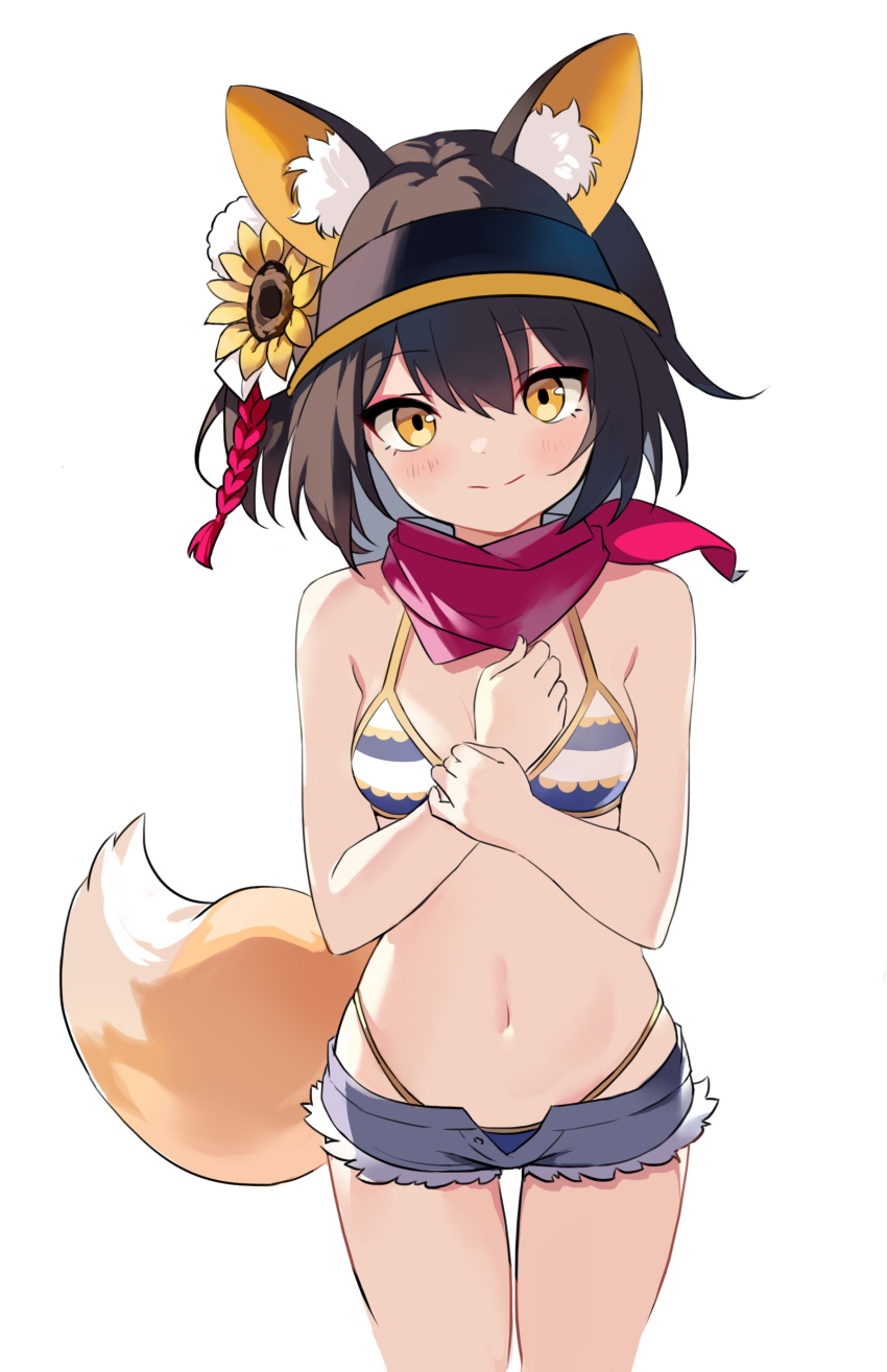 1girl absurdres animal_ear_fluff animal_ears bare_shoulders bikini blue_archive blush breasts brown_hair flower fox_ears fox_tail guanlingzhi_(crazy6) hair_flower hair_ornament highleg highleg_bikini highres izuna_(blue_archive) izuna_(swimsuit)_(blue_archive) looking_at_viewer midriff navel open_fly scarf short_hair short_shorts shorts sidelocks simple_background small_breasts smile striped_bikini striped_clothes swimsuit tail visor_cap white_background yellow_eyes