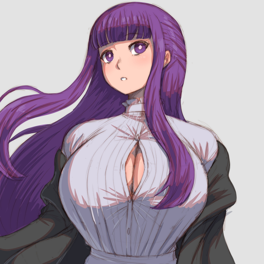 1girl absurdres black_coat black_robe blunt_bangs breasts cleavage coat cut_bangs dress fern_(sousou_no_frieren) highres long_hair purple_eyes purple_hair purple_pupils robe sidelocks simmsy solo sousou_no_frieren straight_hair white_dress