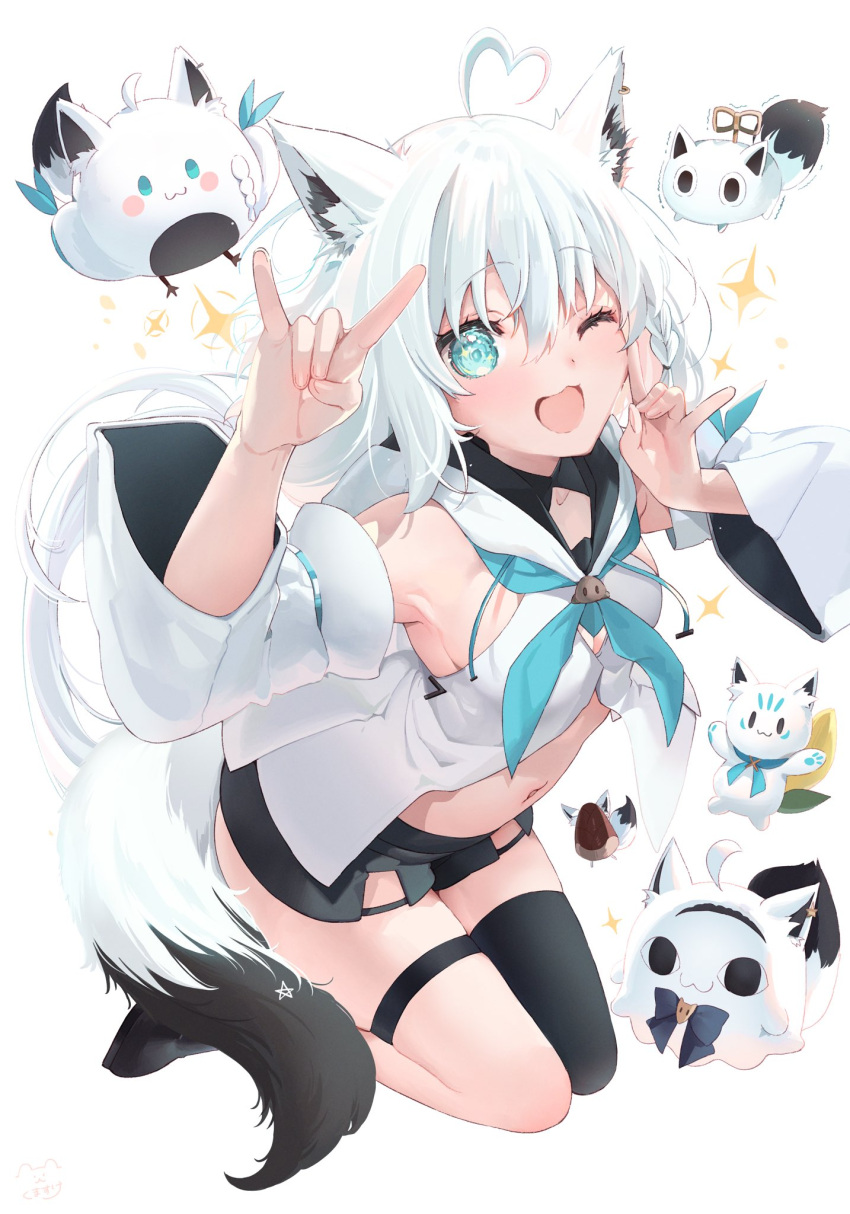 1girl ahoge animal_ear_fluff animal_ears black_shorts black_thighhighs blue_neckerchief blush braid breasts commentary_request detached_sleeves double_fox_shadow_puppet earrings fox_ears fox_girl fox_shadow_puppet fox_tail fubuchun green_eyes hair_between_eyes heart heart_ahoge highres hololive hood hoodie jewelry kumakanisuke long_hair looking_at_viewer miteiru_(shirakami_fubuki) navel neckerchief nejima_kitsune_(shirakami_fubuki) one_eye_closed open_mouth oruyanke_(shirakami_fubuki) pentagram shirakami_fubuki shirakami_fubuki_(1st_costume) short_shorts shorts sidelocks simple_background single_braid single_thighhigh small_breasts sparkle sukonbu_(shirakami_fubuki) tail thigh_strap thighhighs virtual_youtuber white_background white_hair white_hoodie