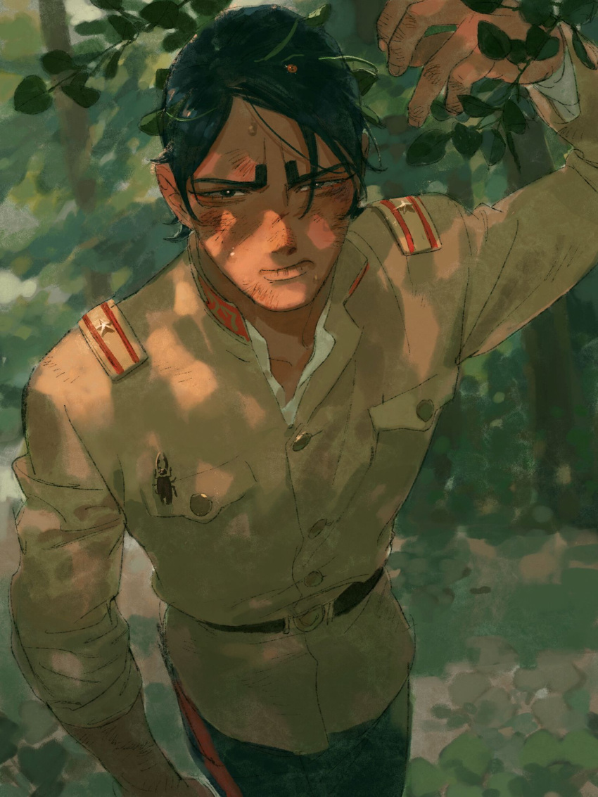 1boy arm_up black_eyes black_hair bright_pupils chengongzi123 closed_mouth cuts dappled_sunlight dark-skinned_male dark_skin golden_kamuy green_background highres injury koito_otonoshin long_sleeves looking_at_viewer male_focus military_uniform outdoors short_hair sunlight uniform upper_body very_short_hair white_pupils