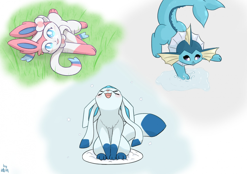 ambiguous_gender blush eeveelution feral generation_1_pokemon generation_4_pokemon generation_6_pokemon glaceon grass group hi_res jayfeather233 lying lying_on_ground nintendo on_side plant pokemon pokemon_(species) shiny_pokemon simple_background sitting sitting_on_ground snow snowing sylveon tongue tongue_out trio vaporeon