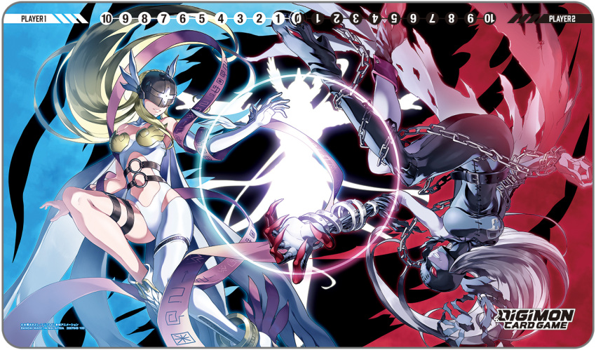3girls angel angel_wings angewomon armor bare_shoulders belt black_bodysuit blonde_hair bodysuit breastplate breasts chain claws clothing_cutout colored_skin demon_girl digimon digimon_(creature) digimon_card_game feathered_wings fingernails gloves grey_hair grey_skin helmet ladydevimon large_breasts long_fingernails long_hair mask mastemon multiple_girls official_art silhouette skin_tight sleeveless stomach_cutout tonami_kanji wings