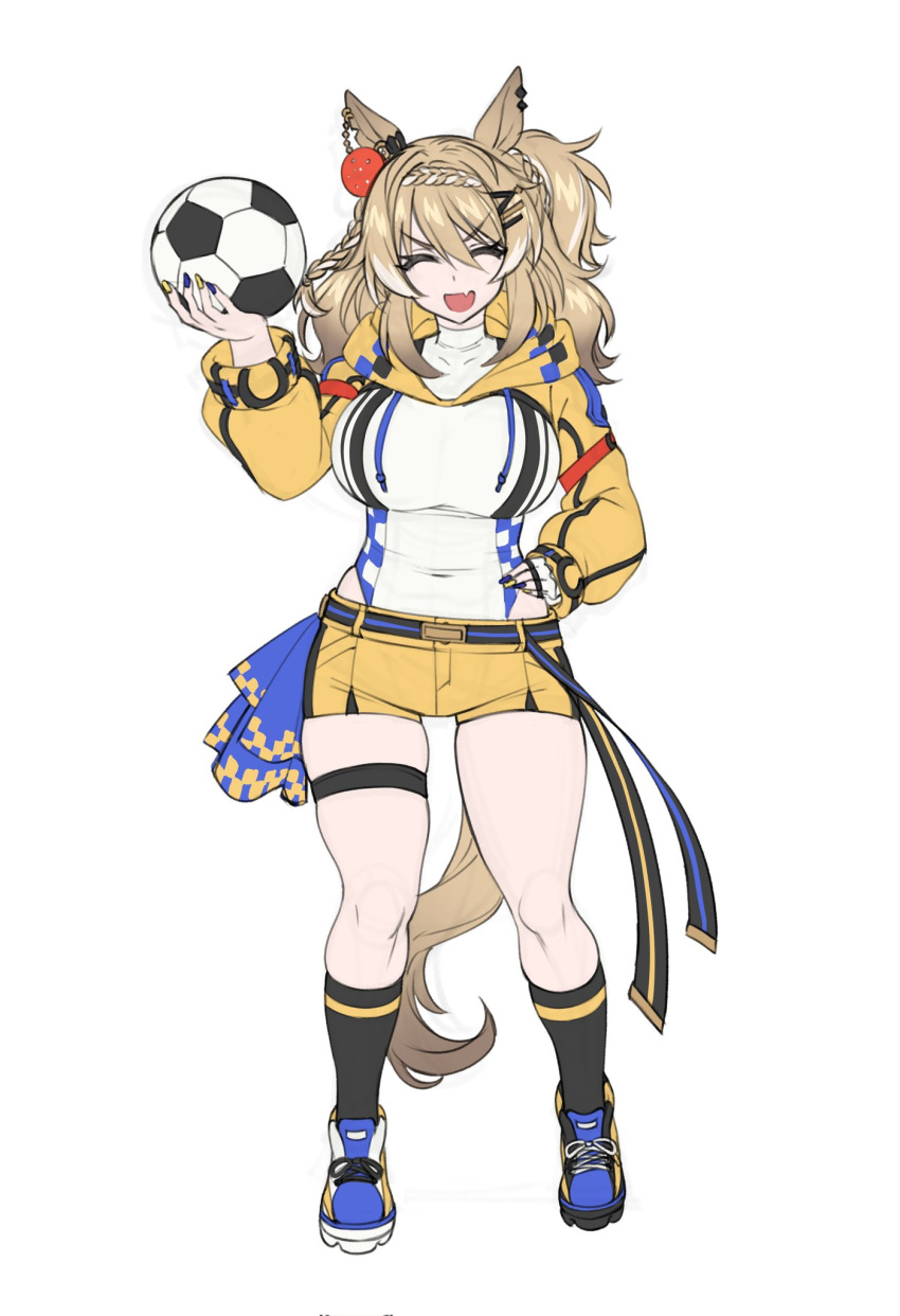 1girl animal_ears ball blonde_hair blue_nails braid closed_eyes cowboy_shot drawstring ear_piercing earrings fang fukuro_(maruaru00) genderswap genderswap_(mtf) hair_between_eyes hand_on_own_hip highres holding holding_ball hood hood_down horse_ears horse_girl horse_tail jewelry medium_hair multicolored_hair one_side_up open_mouth original personification piercing short_shorts shorts simple_background single_earring skin_fang soccer_ball soccer_boy_(racehorse) solo stole streaked_hair tail thigh_strap umamusume white_background white_hair yellow_hood yellow_nails yellow_shorts yellow_stole
