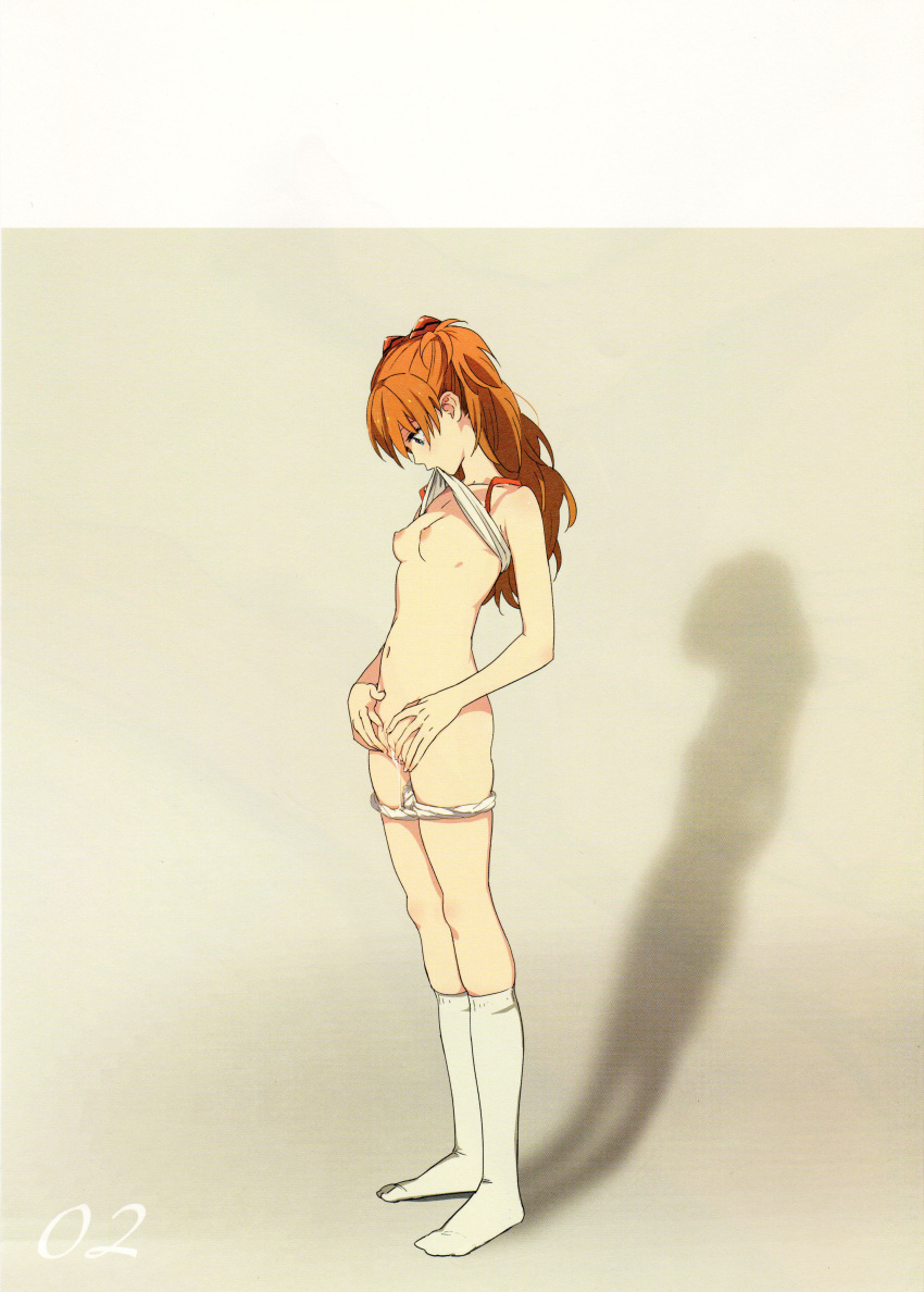 1girl absurdres bad_link blue_eyes bra bra_lift breasts censored collarbone female_masturbation fingering highres long_hair looking_down masturbation mebae mouth_hold navel neon_genesis_evangelion nipples orange_hair panties panty_pull pussy pussy_juice pussy_juice_trail scan shadow skindentation small_breasts socks solo souryuu_asuka_langley tank_top underwear underwear_only white_panties white_socks