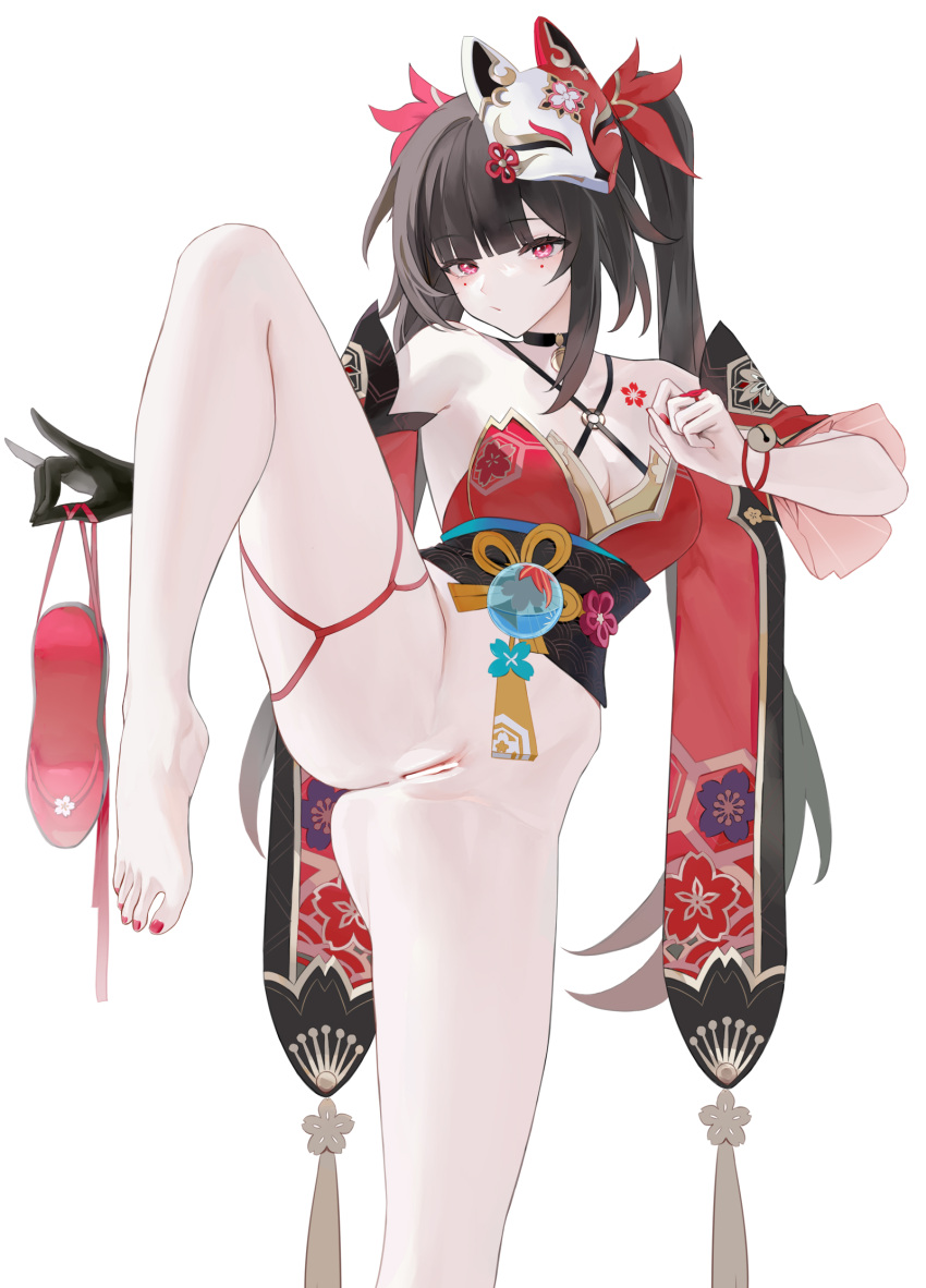 1girl bar_censor bare_shoulders barefoot bell black_choker bow breasts censored choker dress gloves hair_bow highres honkai:_star_rail honkai_(series) legs_up liangfen long_hair looking_at_viewer mask mask_on_head neck_bell pink_eyes red_bow red_dress sleeveless smile solo sparkle_(honkai:_star_rail) twintails