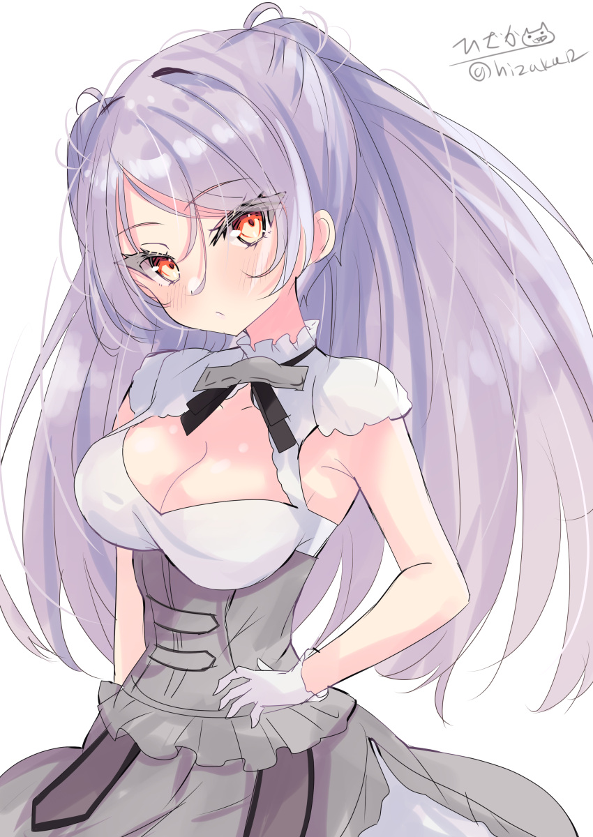 1girl absurdres armpit_cutout blush breasts brown_eyes cleavage cleavage_cutout clothing_cutout conte_di_cavour_(kancolle) conte_di_cavour_nuovo_(kancolle) corset cowboy_shot dress frilled_dress frills gloves grey_dress grey_hair highres hizaka kantai_collection large_breasts layered_dress long_hair looking_at_viewer signature simple_background smile solo twitter_username two-tone_dress two_side_up white_background white_dress white_gloves