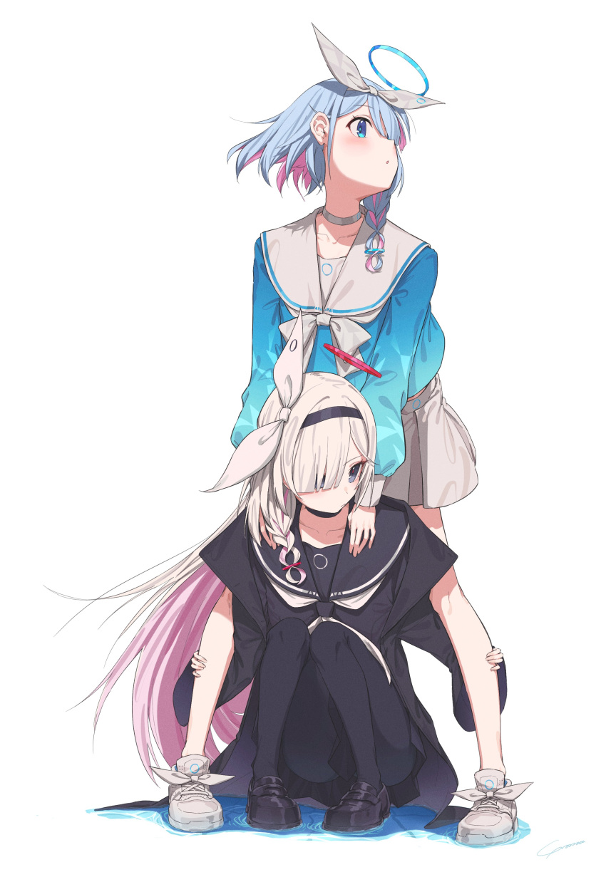 2girls :o absurdres aqua_halo aqua_shirt arona_(blue_archive) artist_name between_legs black_choker black_coat black_eyes black_footwear black_hairband black_pantyhose black_sailor_collar black_serafuku black_shirt black_skirt blue_archive blue_hair blue_halo blue_shirt blush bow braid choker coat collarbone collared_shirt colored_inner_hair full_body gradient_shirt grey_choker hair_bow hair_intakes hair_over_one_eye hairband halo hands_on_another's_leg hands_on_another's_shoulders head_tilt highres knees_together_feet_apart loafers long_hair long_sleeves looking_ahead looking_to_the_side multicolored_hair multiple_girls neckerchief open_clothes open_mouth pantyhose parted_lips pink_hair plana_(blue_archive) pleated_skirt puffy_sleeves red_halo red_pupils sailor_collar school_uniform serafuku shirt shoes sidelocks signature simple_background single_braid skirt sleeves_past_wrists sneakers squatting swept_bangs two-tone_hair very_long_hair water white_background white_bow white_footwear white_hair white_neckerchief white_skirt wide_sleeves yo_na