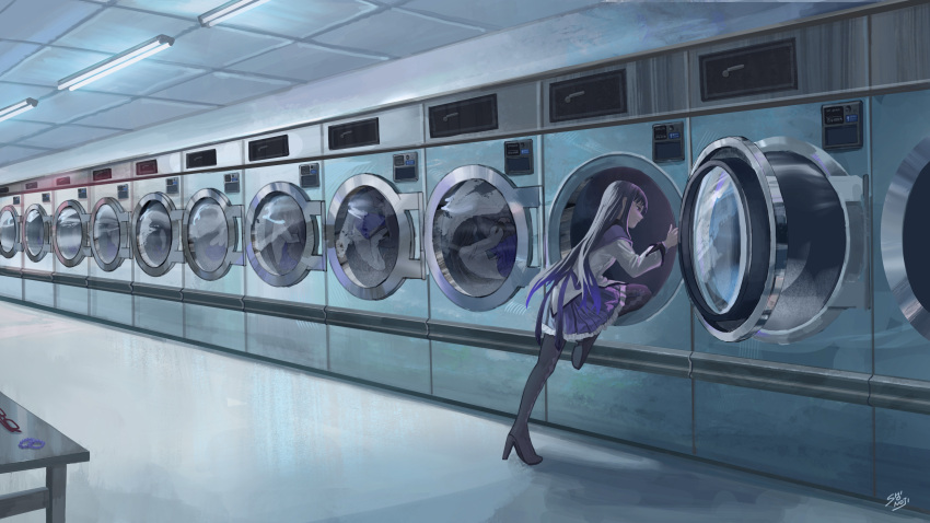 1girl absurdres akemi_homura black_hair black_pantyhose clone facing_away full_body high_heels highres indoors laundromat long_hair magical_girl mahou_shoujo_madoka_magica mahou_shoujo_madoka_magica_(anime) pantyhose shionoji08 signature skirt solo_focus surreal unworn_eyewear washing_machine