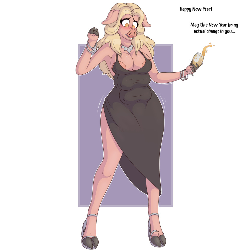 1:1 2019 3_fingers 6_breasts absurd_res alcohol alpha_channel anthro areola areola_slip artist_name beverage biped blonde_hair breasts champagne champagne_glass chinese_zodiac domestic_pig english_text female fingers hair hi_res holding_glass holding_object hooved_fingers hooves human_to_anthro looking_at_self mammal multi_breast nipple_outline offscreen_character solo species_transformation story story_in_description suid suina sus_(pig) text transformation unidentified-tf year_of_the_pig