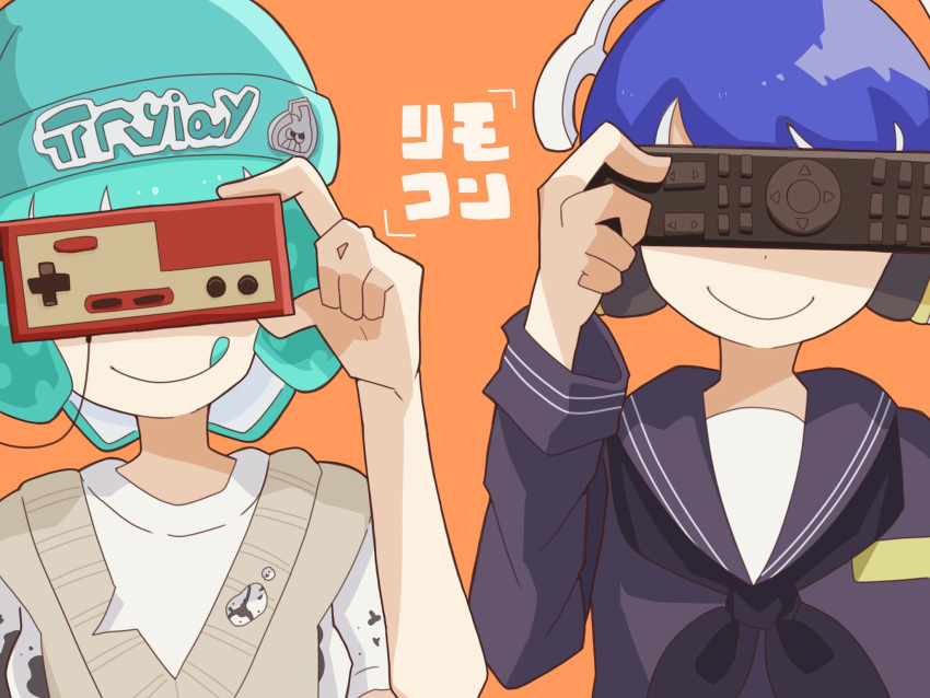 1boy 1girl :q aqua_hair aqua_headwear beanie closed_mouth commentary_request controller covered_eyes famicom_gamepad hat headphones highres holding holding_controller holding_remote_control inkling inkling_boy inkling_girl inkling_player_character orange_background print_headwear remote_control sailor_collar sailor_shirt shirt short_hair simple_background smile splatoon_(series) splatoon_3 tentacle_hair tonbofree tongue tongue_out white_shirt