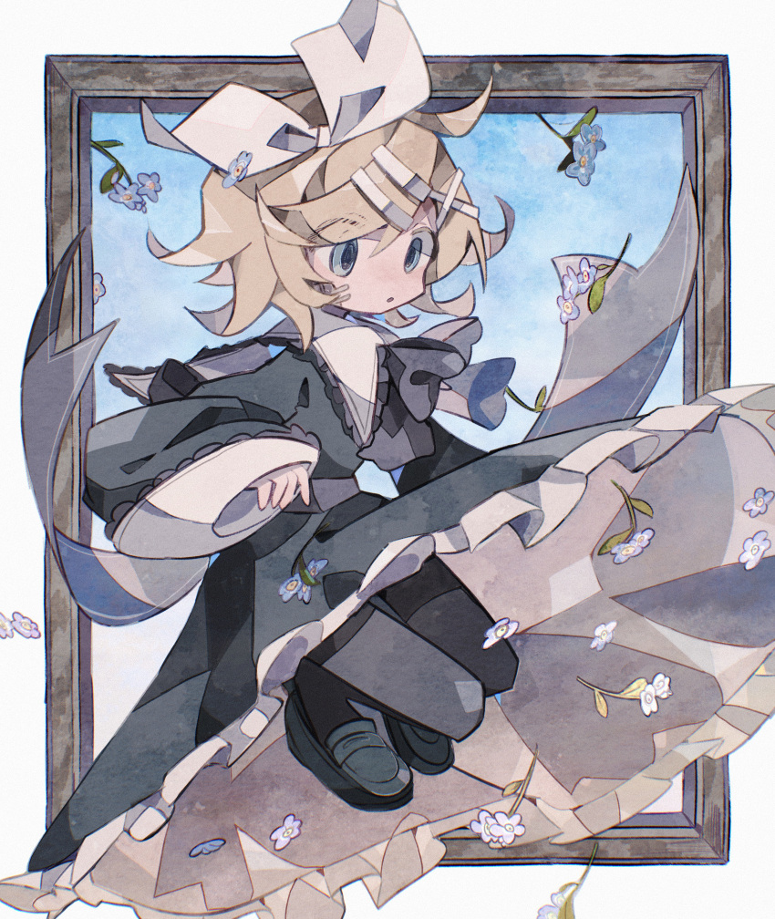 1girl absurdres alternate_costume aqua_eyes bandaid bandaid_on_face black_bow black_dress black_footwear black_pantyhose blonde_hair blue_flower border bow collared_dress dress falling_flower flower frilled_dress frilled_sleeves frills full_body hair_bow hair_ornament highres kagamine_rin long_sleeves medium_hair pantyhose parted_lips picture_frame sleeves_past_wrists solo soresaki swept_bangs thighhighs vocaloid white_border white_bow white_thighhighs x_hair_ornament