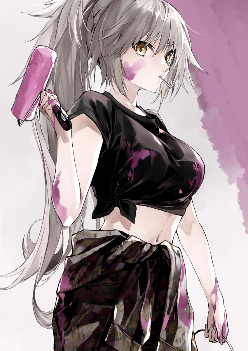 1girl baggy_pants black_jacket black_pants black_shirt breasts candy clothes_around_waist fate/grand_order fate_(series) food food_in_mouth grey_hair high_ponytail highres jacket jacket_around_waist jeanne_d'arc_alter_(avenger)_(fate) jeanne_d'arc_alter_(fate) kino_kokko large_breasts lollipop long_hair looking_at_viewer midriff navel paint paint_can paint_roller paint_splatter pants ponytail shirt short_sleeves solo tied_shirt very_long_hair yellow_eyes