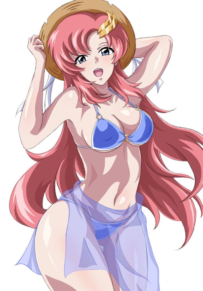 1girl bikini blue_bikini blue_eyes breasts gundam gundam_seed gundam_seed_destiny gundam_seed_freedom hair_ornament hat highres lacus_clyne long_hair looking_at_viewer open_mouth pink_hair safety_kaijo smile solo swimsuit very_long_hair