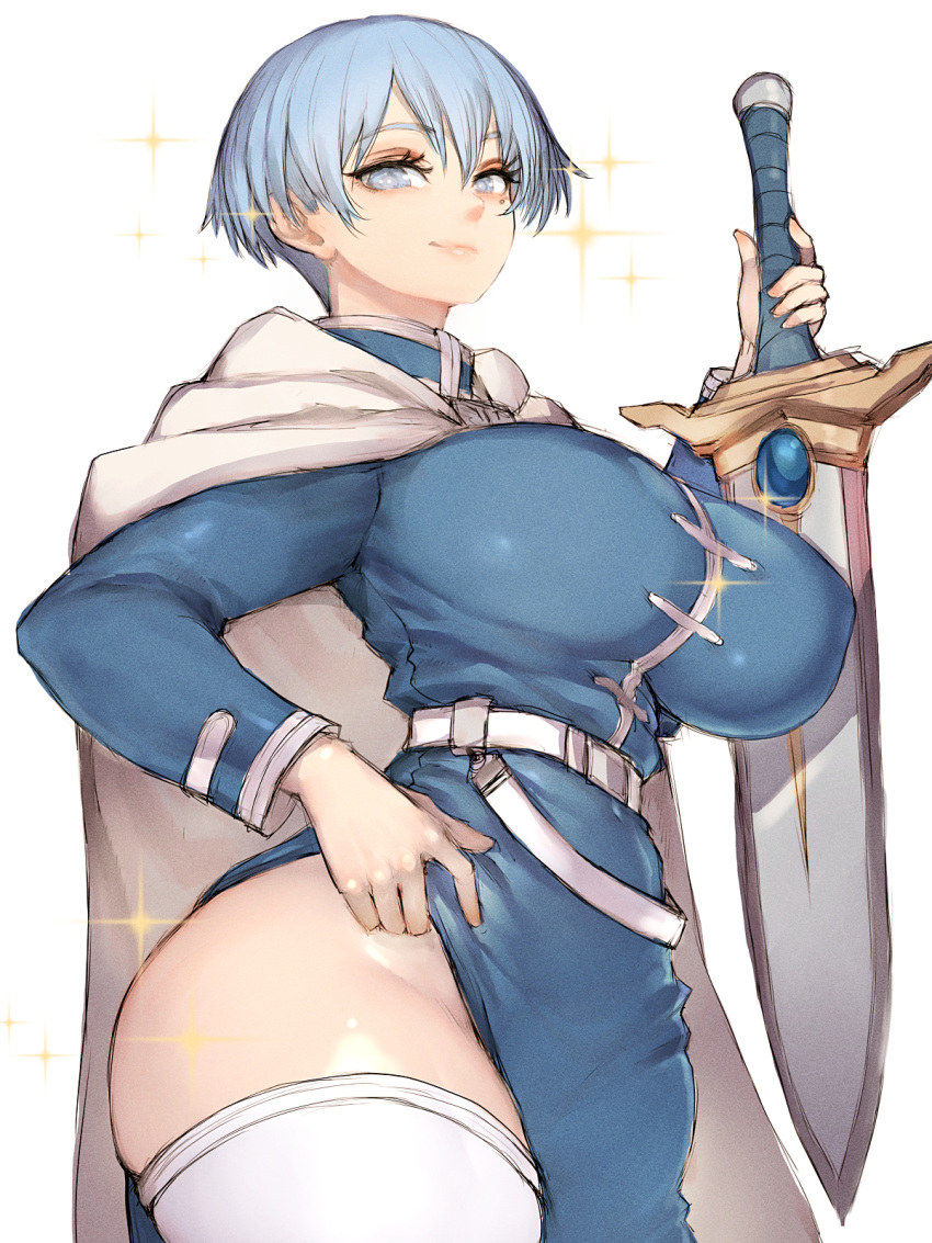 1girl belt blue_eyes blue_hair blue_shirt blue_skirt breasts cloak closed_mouth cowboy_shot eyelashes fumio_(rsqkr) genderswap genderswap_(mtf) hand_on_own_hip highres himmel_(sousou_no_frieren) holding holding_sword holding_weapon large_breasts light_smile long_sleeves looking_at_viewer mole mole_under_eye shirt short_hair side_slit simple_background skirt solo sousou_no_frieren sparkle standing sword thick_thighs thighhighs thighs weapon white_background white_belt white_cloak white_thighhighs