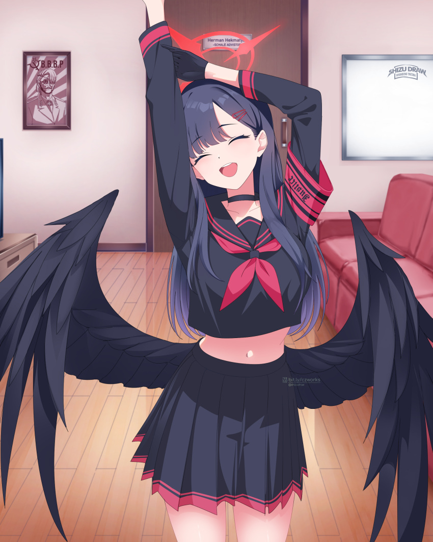 1girl absurdres armband black_choker black_sailor_collar black_serafuku black_wings blue_archive choker feathered_wings hair_ornament hairclip halo highres ichika_(blue_archive) justice_task_force_(blue_archive) low_wings navel neckerchief red_armband red_halo red_neckerchief sailor_collar school_uniform serafuku shizudraw solo stretching wings