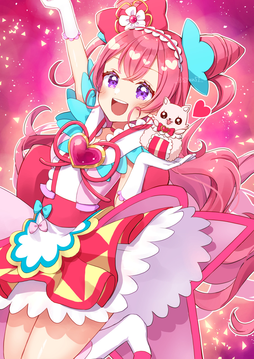 1girl absurdres arm_up back_bow bow brooch commentary cone_hair_bun cure_precious delicious_party_precure double_bun dress frilled_hairband frills gloves hair_bun hairband heart heart_brooch highres huge_bow jewelry jumping kome-kome_(precure) legs_up light_particles long_hair looking_at_viewer magical_girl nagomi_yui open_mouth pink_dress pink_hair precure purple_eyes red_bow short_dress shuu_(mniarnoakou) smile solo twitter_username two_side_up very_long_hair white_gloves