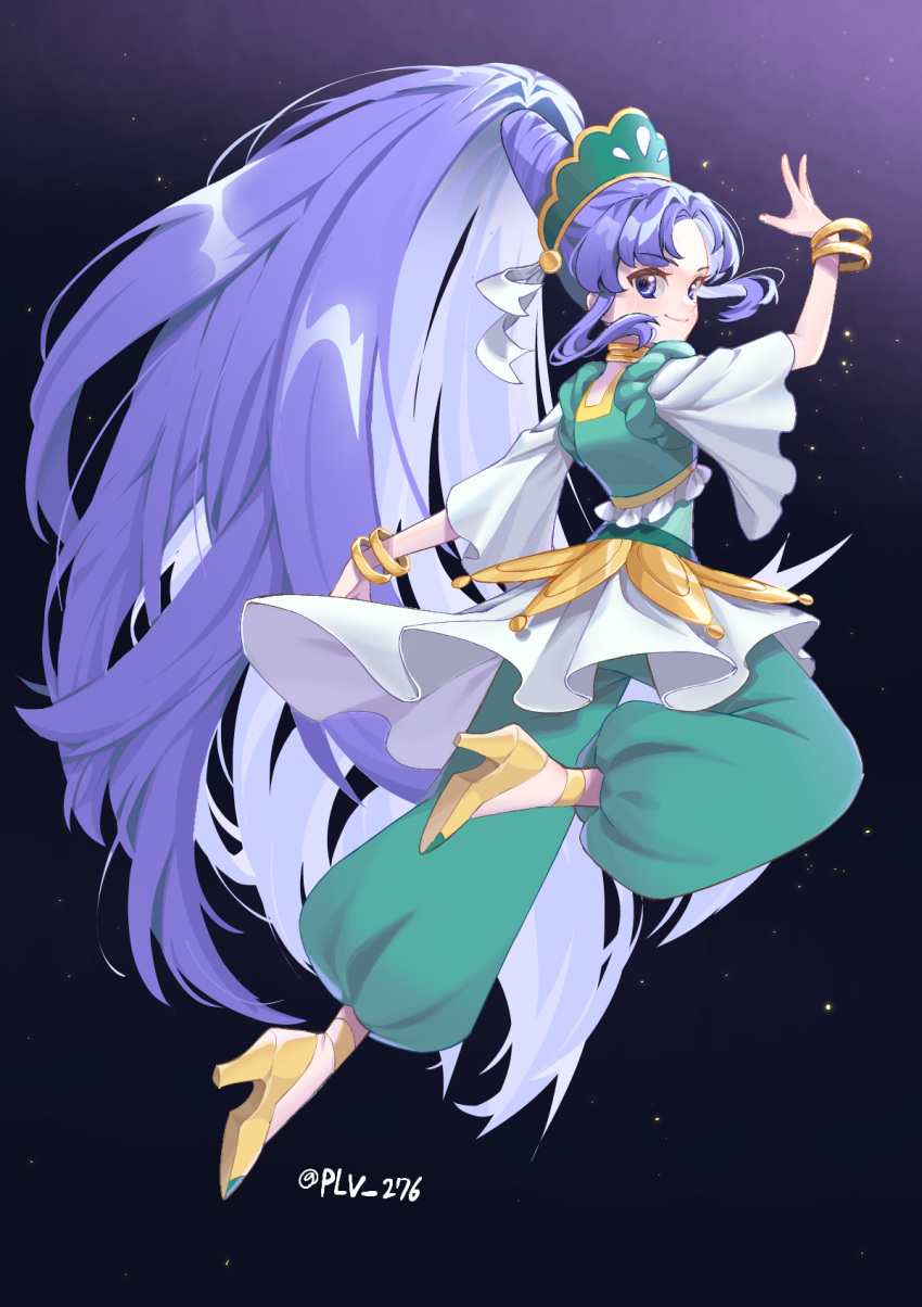 1girl arabian_clothes bracelet choker closed_mouth cure_fortune cure_fortune_(pine_arabian) curtained_hair full_body green_pants hair_bun happinesscharge_precure! high_heels high_ponytail highres hikawa_iona jewelry long_hair looking_at_viewer looking_back magical_girl pants parted_bangs plv_276 precure purple_background purple_eyes purple_hair sidelocks simple_background smile solo twitter_username very_long_hair yellow_choker yellow_footwear