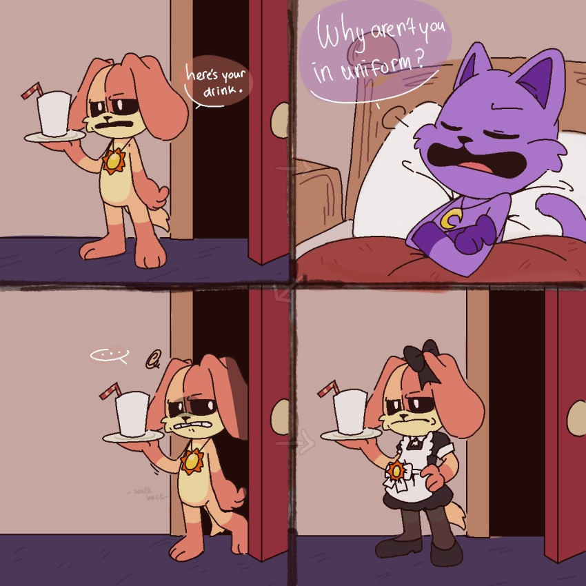 anthro bed beverage canid canine canis catnap_(poppy_playtime) clothed clothing comic crossdressing dogday_(poppy_playtime) domestic_cat domestic_dog door duo felid feline felis furniture hi_res humor inside lim_limonn maid_uniform male male/male mammal parody poppy_playtime redraw smiling_critters uniform