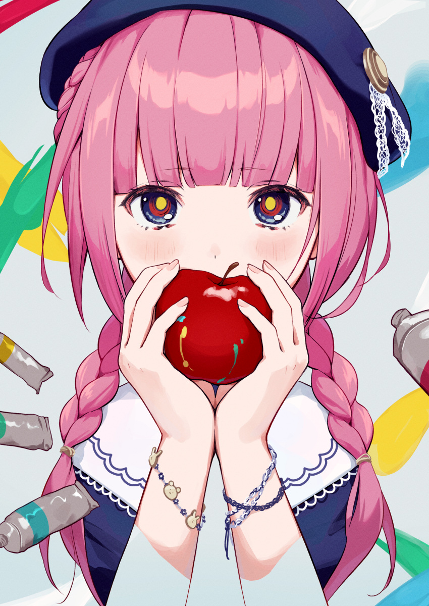 1girl absurdres apple beret blue_eyes blue_headwear blue_shirt braid commentary_request covered_mouth food french_braid fruit hat highres holding holding_food holding_fruit kaf_(kamitsubaki_studio) kamitsubaki_studio light_blush looking_at_viewer memori_(egachachachan) multicolored_eyes paint_tube red_apple red_eyes shirt solo straight-on twin_braids upper_body virtual_youtuber yellow_pupils