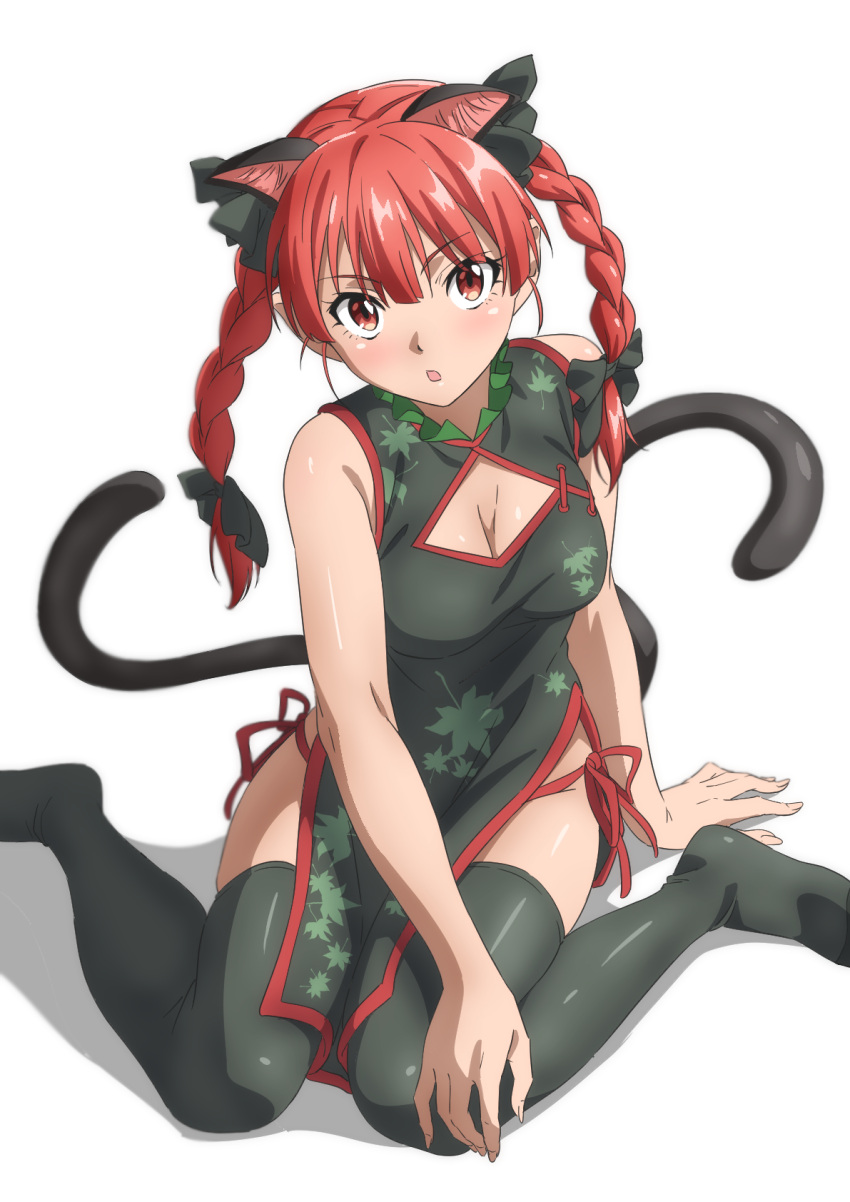 1girl adapted_costume animal_ears black_dress black_thighhighs braid breasts cat_ears cat_tail china_dress chinese_clothes dress extra_ears fingernails gyouza_(mhea5724) highres kaenbyou_rin long_hair looking_at_viewer medium_breasts multiple_tails open_mouth pointy_ears red_eyes red_hair simple_background sitting solo tail thighhighs touhou twin_braids two_tails wariza white_background