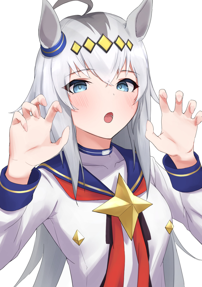 1girl :o absurdres ahoge animal_ears blue_eyes blue_sailor_collar blush claw_pose grey_hair hairband han_kasu highres horse_ears horse_girl long_hair looking_at_viewer neckerchief oguri_cap_(umamusume) red_neckerchief sailor_collar simple_background solo umamusume upper_body white_background