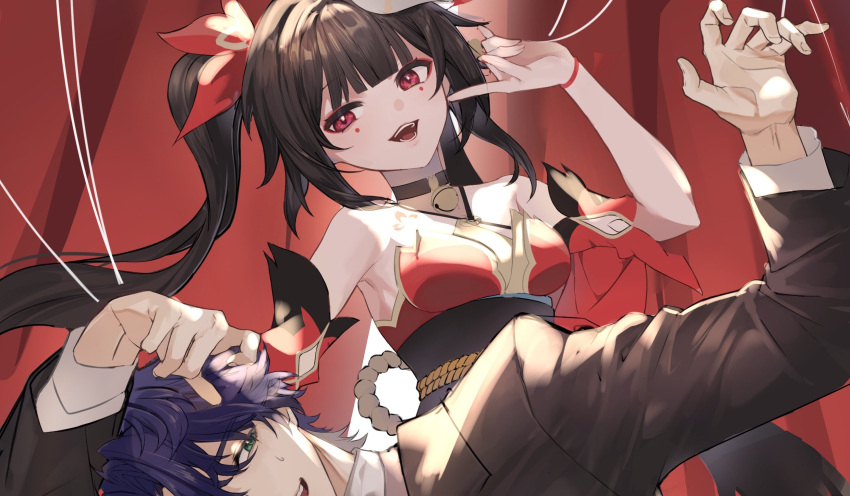 1boy 1girl :d bare_shoulders bell black_choker bow breasts brown_hair choker dress eyeliner finger_to_cheek fox_mask green_eyes hair_bow head_tilt highres honkai:_star_rail honkai_(series) index_finger_raised large_breasts leaning_to_the_side long_hair looking_at_another looking_at_viewer makeup mask mask_on_head nail_polish neck_bell obi open_mouth pink_eyes puppet_strings purple_hair red_bow red_dress red_eyeliner red_nails sampo_koski sash short_hair sidelocks sleeveless sleeveless_dress smile sparkle_(honkai:_star_rail) teeth twintails upper_body yoyoi_yo1
