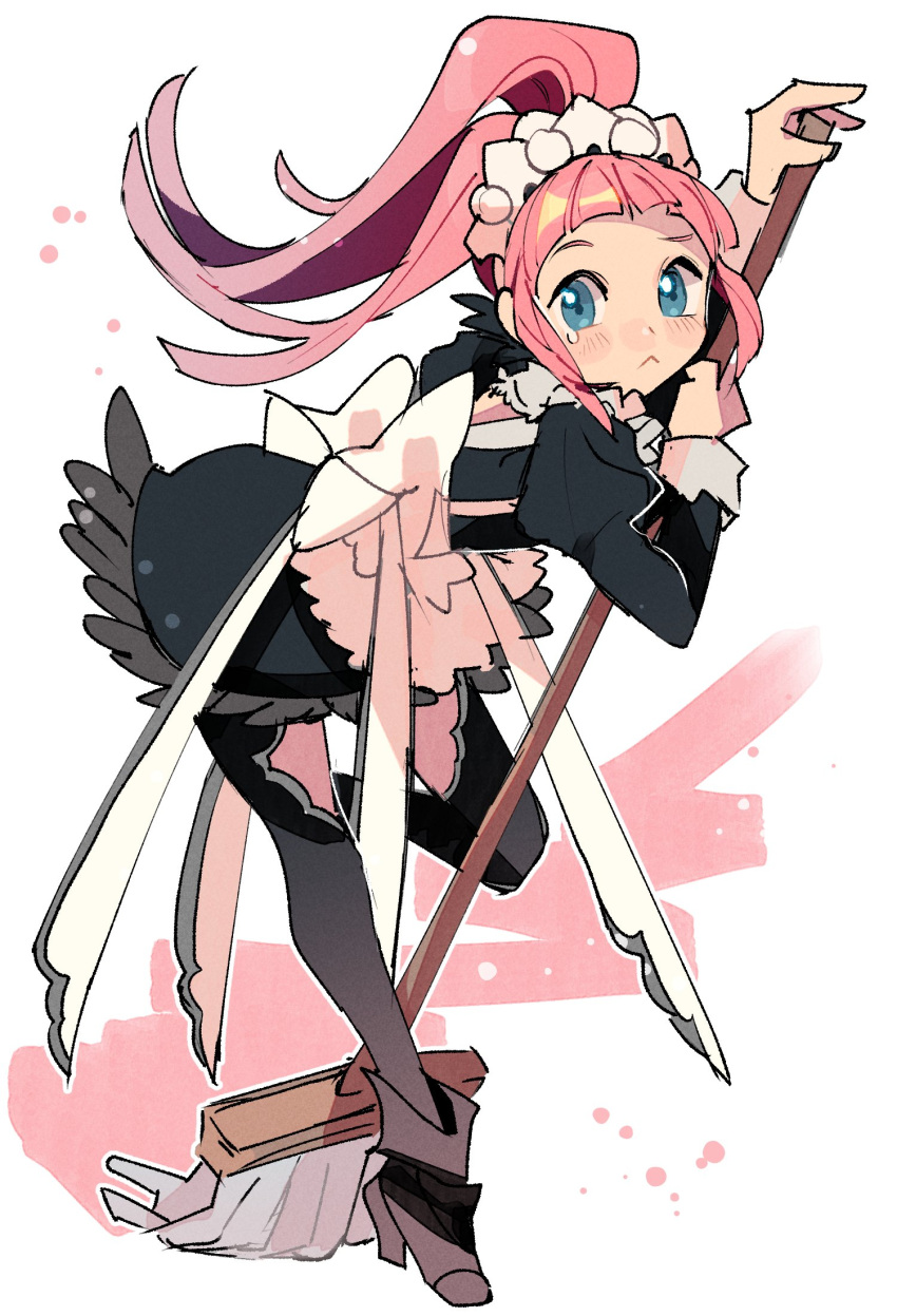 1girl :&lt; apron black_dress black_footwear black_thighhighs blue_eyes blunt_bangs blush broom commentary_request dress feather_trim felicia_(fire_emblem) fire_emblem fire_emblem_fates floating_hair full_body high_heels highres holding holding_broom juliet_sleeves kurimori long_hair long_sleeves looking_at_viewer maid maid_headdress pink_hair ponytail puffy_sleeves shoes sidelocks simple_background solo standing standing_on_one_leg straight_hair tearing_up thighhighs waist_apron white_apron