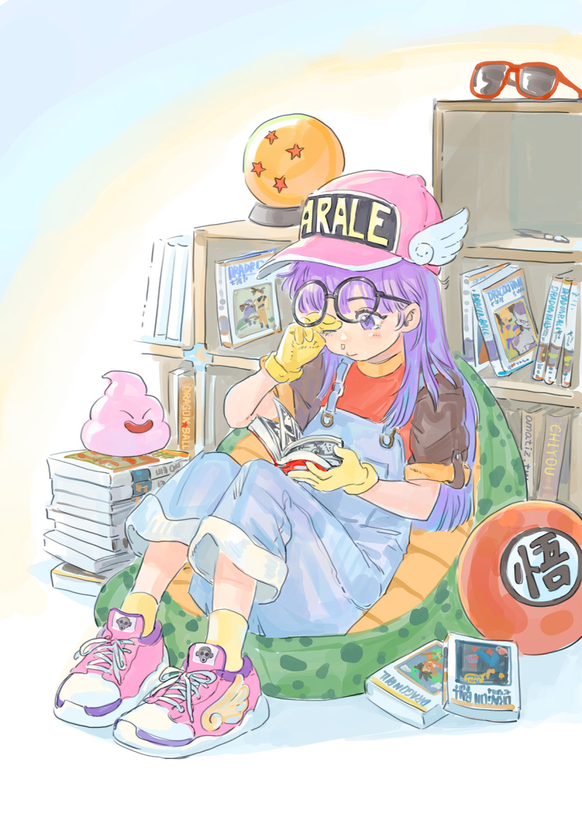 1girl amatiz ankle_socks baseball_cap bean_bag_chair black-framed_eyewear blue_overalls blunt_bangs brown_shirt cabinet cell_(dragon_ball) character_name closed_mouth clothes_writing commentary copyright_name creator_connection crossover cushion denim_overalls dr._slump dragon_ball dragon_ball_(object) dragon_ball_z dragon_quest eyelashes fat_buu frieza full_body gloves hair_behind_ear hat highres light_blush long_hair majin_buu manga_(object) nib_pen_(object) norimaki_arale one_eye_closed overalls pen pile_of_books pink_footwear pink_headwear purple_eyes purple_hair raglan_sleeves red-framed_eyewear red_shirt rubbing_eyes runny_nose shirt shoelaces shoes sitting slime_(dragon_quest) sneakers snot socks solo son_goku straight_hair sunglasses tareme tearing_up toriyama_akira_(character) two-tone_shirt winged_footwear winged_hat yellow_gloves yellow_socks