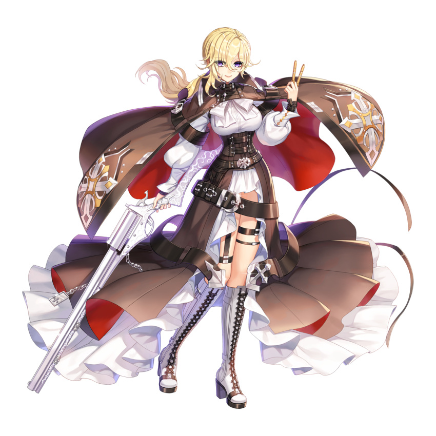 1girl blonde_hair boots bow bowtie breasts brown_cape brown_skirt bullet cape chain closed_mouth cross-laced_footwear eyes_visible_through_hair full_body glint gun hair_between_eyes heel_up high-waist_skirt high_heel_boots high_heels highres holding holding_bullet holding_gun holding_weapon large_breasts leona_(pixiv) long_bangs long_hair long_skirt long_sleeves looking_at_viewer low_ponytail night_watch_(ragnarok_online) official_art purple_eyes ragnarok_online red_cape revolver rifle shirt simple_background skirt smile sniper_rifle solo standing tachi-e thigh_strap transparent_background two-sided_cape two-sided_fabric underbust weapon white_bow white_bowtie white_footwear white_shirt