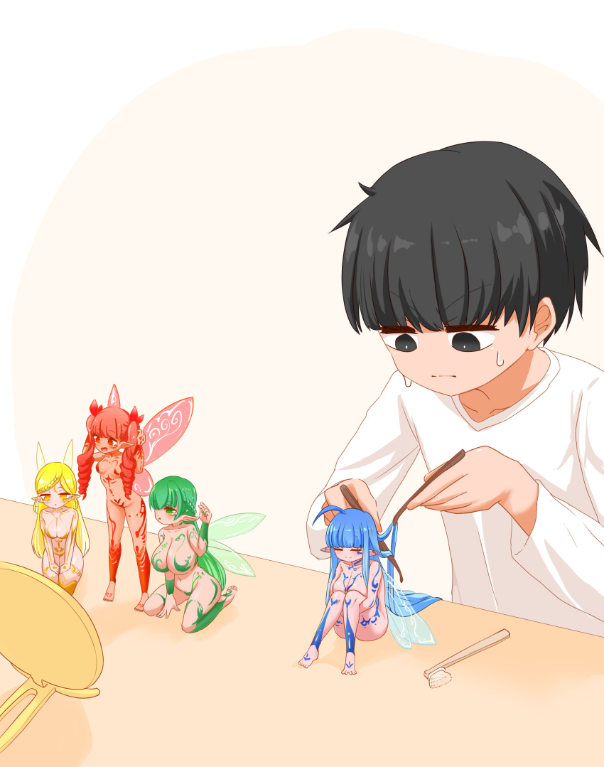 1boy 4girls absurdres ahoge barefoot black_eyes black_hair blonde_hair blue_hair body_markings braid breasts brushing_another's_hair brushing_hair closed_eyes drill_hair dripping fairy fairy_wings green_eyes green_hair hair_flowing_over half_updo hands_on_own_thighs highres hikyou_takarasou hugging_own_legs kneeling large_breasts long_hair mini_person minigirl mirror multiple_girls navel nude original pointy_ears red_eyes red_hair sitting size_difference small_breasts smile spread_toes standing sweat toes toothbrush twin_drills very_long_hair wariza wings yellow_eyes