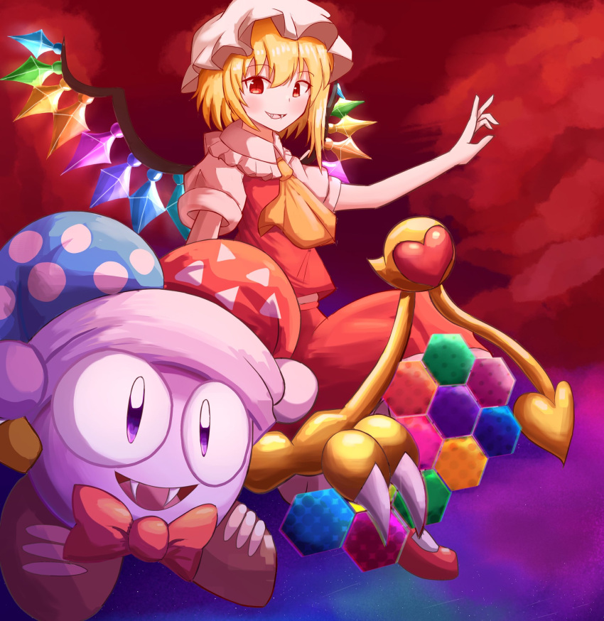 1girl 1other ascot blonde_hair blue_headwear commentary crossover crystal_wings english_commentary fangs flandre_scarlet hat highres jester_cap kirby's_dream_land kirby_(series) kirbyearthbound marx_(kirby) medium_hair one_side_up open_mouth purple_eyes red_background red_eyes red_headwear red_skirt red_vest shirt shoes short_sleeves skirt slit_pupils smile touhou vest white_headwear white_shirt yellow_ascot
