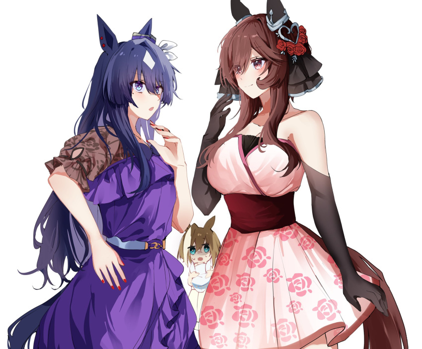 3girls alternate_costume animal_ears bare_shoulders black_gloves blue_eyes blue_hair breasts brown_hair cheval_grand_(umamusume) cleavage dark_blue_hair dress ear_covers elbow_gloves gentildonna_(umamusume) gloom_(expression) gloves hat highres holding holding_clothes holding_hat horse_ears horse_girl horse_tail large_breasts long_hair looking_at_another mole mole_under_eye multicolored_hair multiple_girls pink_dress purple_dress red_eyes sb_(akagikeai) siblings simple_background sisters smile streaked_hair tail umamusume unworn_headwear verxina_(umamusume) white_background white_hair white_headwear