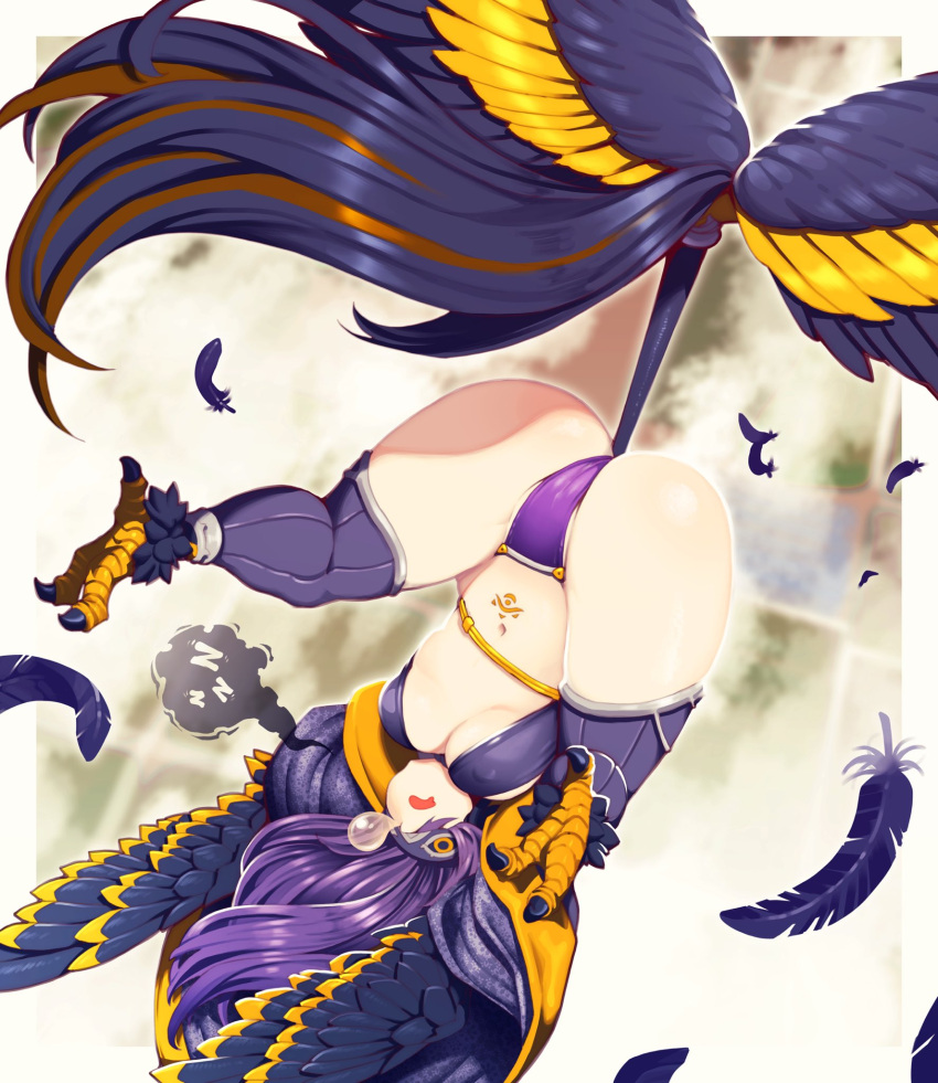 1girl ass bird_legs black_feathers black_wings breasts commentary commission covered_eyes english_commentary feathered_wings feathers flying harpy head_wings highres long_hair medium_breasts monster_girl navel niandni oneiroi_(apexhydra8) original panties partially_feathered_tail purple_hair purple_panties purple_thighhighs sleep_mask solo spoken_zzz squeans stomach_tattoo talons tattoo thighhighs underwear upside-down winged_arms winged_tail wings zzz