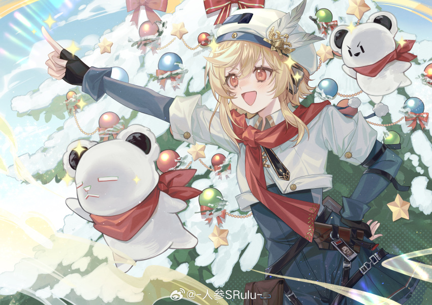1girl :d absurdres bear belt_pouch beret black_gloves blonde_hair blue_background blue_jumpsuit christmas_ornaments christmas_tree cloud cowboy_shot fingerless_gloves girls'_frontline girls'_frontline_2:_exilium gloves hand_on_own_hip hat hat_feather highres index_finger_raised jacket jumpsuit layered_sleeves long_sleeves looking_afar medium_hair nagant_revolver_(girls'_frontline) outstretched_arm pointing pointing_up pouch red_eyes red_scarf renshen_srulu scarf short_over_long_sleeves short_sleeves smile solo sparkle weibo_logo weibo_username white_headwear white_jacket