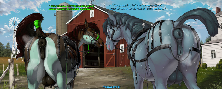 2024 animal_genitalia animal_pussy anus barn blue_body blue_fur brown_body brown_fur duo eleanor_(onyx_lupine) english_text equid equine equine_genitalia equine_pussy farm female feral fur genitals green_body green_fur hi_res horse looking_at_viewer looking_back looking_back_at_viewer mammal mintymare_(truegrave9) multicolored_body multicolored_fur pussy teats text truegrave9