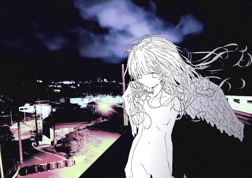 1girl angel_wings cityscape closed_mouth commentary completely_nude cowboy_shot dot_mouth empty_eyes feathered_wings floating_hair greyscale_with_colored_background highres long_hair night noroi_(rnatataki) nude original outdoors photo_background solo standing wings