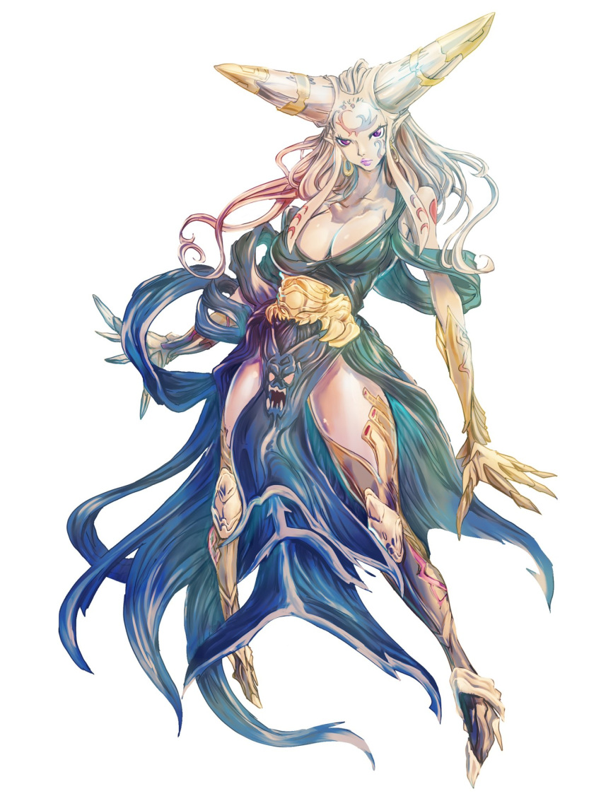 1girl breasts dress earrings facial_mark forehead_mark green_dress hair_ornament highres jewelry long_hair magic:_the_gathering medium_breasts pointy_ears purple_eyes simple_background sleeveless sleeveless_dress tamiyo_the_moon_sage thighs white_background white_hair