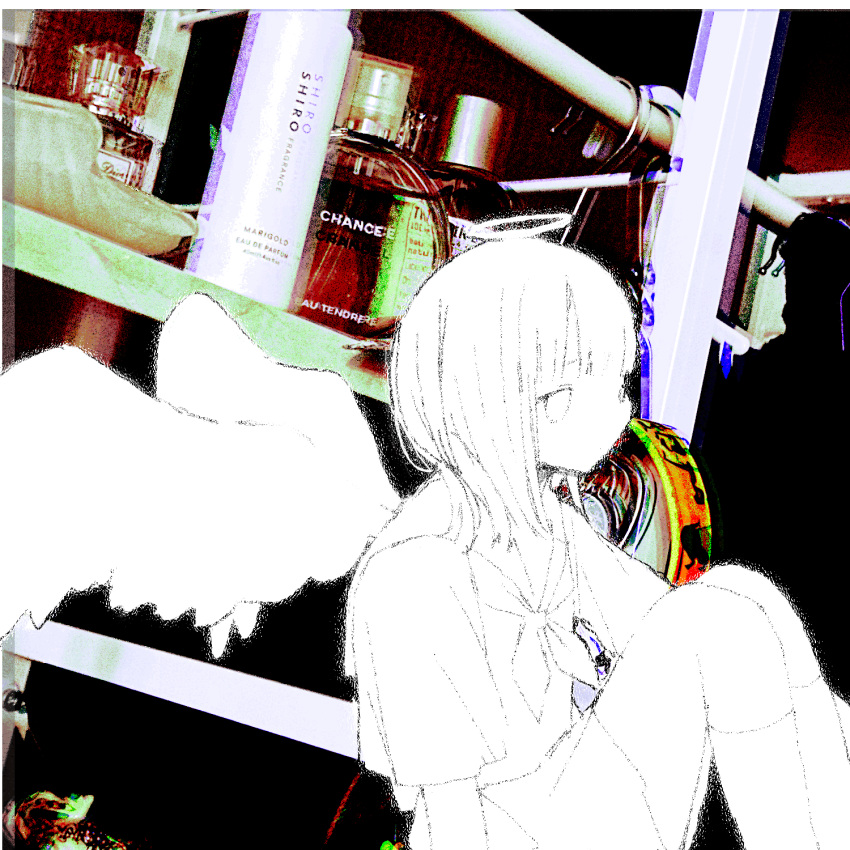 1girl angel_wings animated animated_gif empty_eyes epilepsy_warning greyscale_with_colored_background halo highres kneehighs knees_up medium_hair neckerchief noroi_(rnatataki) original sailor_collar school_uniform serafuku shirt short_sleeves sitting skirt socks solo wings